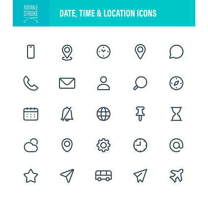 Date, Time and Location Icons. Editable Stroke. For Mobile and Web. Contains such icons as Calendar Date, Icon, Dating, Direction, Clock, Telephone, Connection, E-Mail