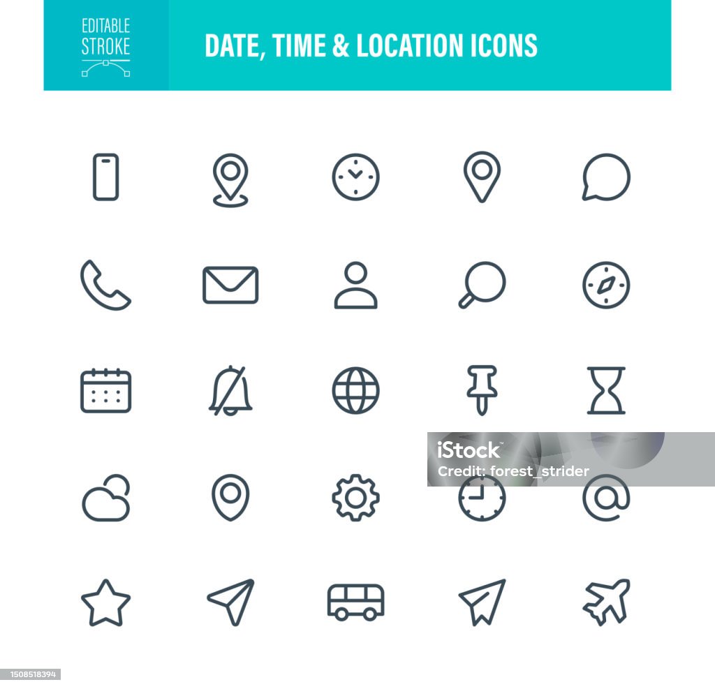 Date, Time and Location Icons Editable Stroke Date, Time and Location Icons. Editable Stroke. For Mobile and Web. Contains such icons as Calendar Date, Icon, Dating, Direction, Clock, Telephone, Connection, E-Mail Icon Symbol stock vector Date, Time and Location Icons Editable Stroke Date, Time and Location Icons. Editable Stroke. For Mobile and Web. Contains such icons as Calendar Date, Icon, Dating, Direction, Clock, Telephone, Connection, E-Mail Icon Symbol stock vector