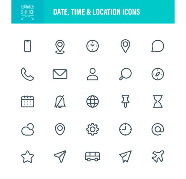 Vector illustration of Date, Time and Location Icons Editable Stroke