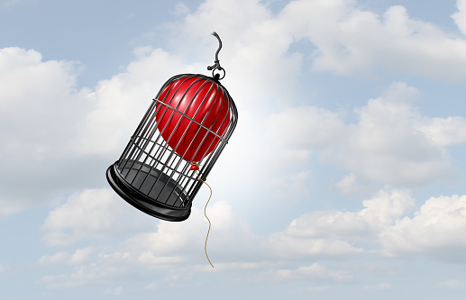 overcoming or overcome limitations and restrictions as a cage obstacle being lifted by a balloon as a metaphor for taking control and successor or journey and determination as a 3D illustration.