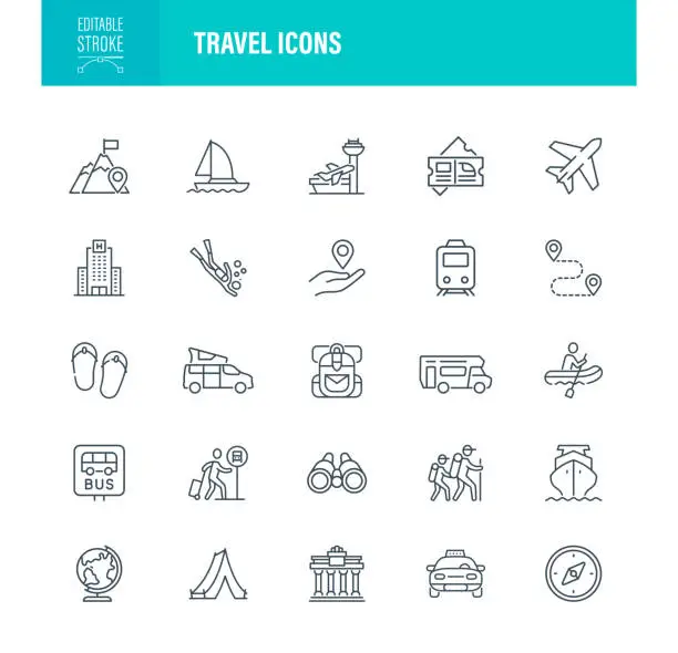 Vector illustration of Travel Icons Editable Stroke. Icon set for Web Page, Mobile App, UI, UX and GUI design