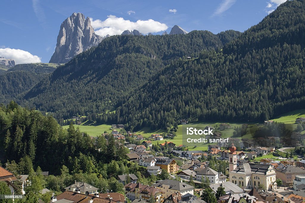 Ortisei and the Sassolungo Overview on Ortisei (Sankt Ulrich) with the Sassolungo (Langkofel) in the background, Italy. Aerial View Stock Photo