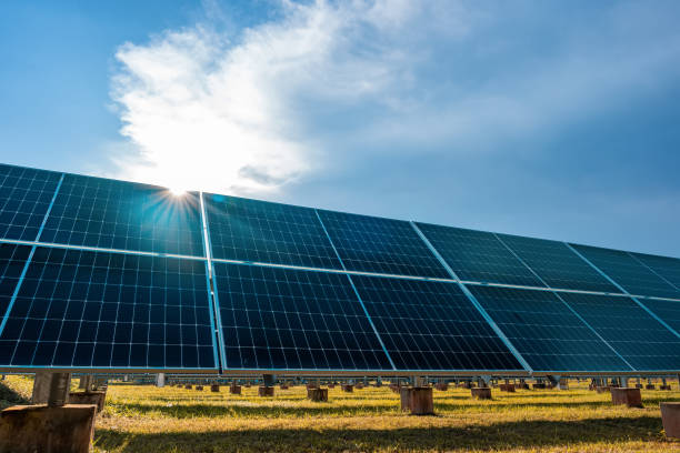 Solar power plant(solar cell) on summer season, hot climate causes increased power production, Alternative energy to conserve the world's energy, Photovoltaic module idea for clean energy production. planta de energía solar (célula solar) en la temporada de verano, el clima cálido causa un aumento de la producción de energía, energía alternativa para conservar la energía del mundo, idea de módulo fotovoltaico para la producción de energía lim