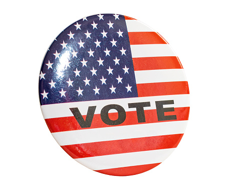 Pin with USA flag USA campaign votes, isolated on blank background. Graphic resource