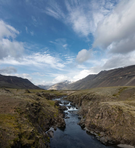 Flowing river, blue sky and mountains in the highlands of Iceland