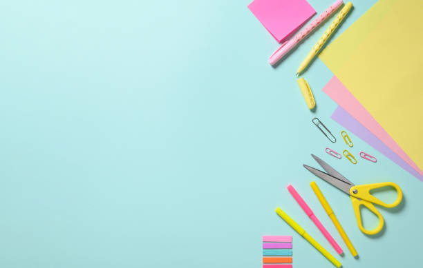 istock Various stationery items for creativity on a blue background. View from above, 1508612451