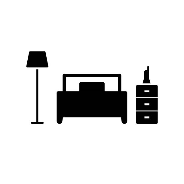 ilustrações de stock, clip art, desenhos animados e ícones de vector element of bed with furniture, glyph icon. - hotel room bed silhouette lamp