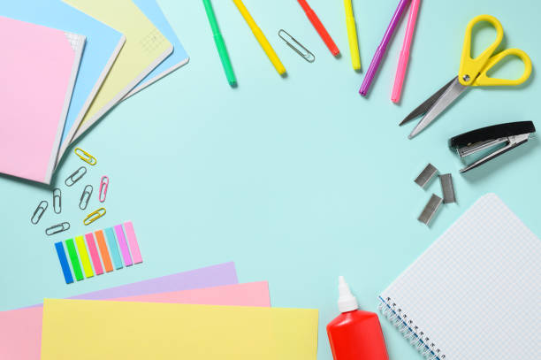 istock Stationery on a blue background. Flat lay, copy space 1508617915