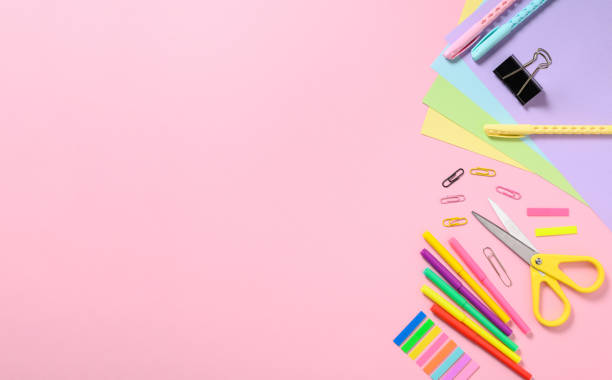 istock Back to school concept. Different stationery items for school on a pink background. View from above, copy space 1508617919