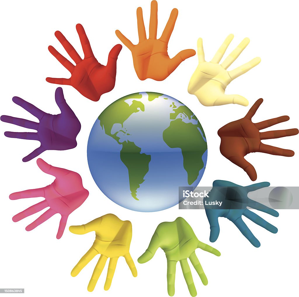 Equality A world showing a rainbow of coloured hands united around Earth. It almost looks like a sun. Globe - Navigational Equipment stock vector