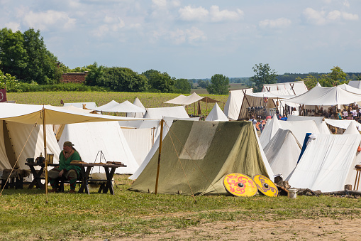 Lad, Poland - 01 June 2019: Campsite during the festival of Slavic and Cistercian culture in Lad on the Warta River..