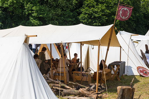 Lad, Poland - 01 June 2019: Campsite during the festival of Slavic and Cistercian culture in Lad on the Warta River..