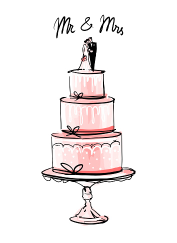 Tiered wedding cake with figurines of the bride and groom, Mr and Mrs. Classic decorated cake on a stand, linear fashion sketch line and watercolor. Wedding decorations. Vector illustration isolated on white
