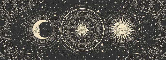 Modern astrological banner, tarot card, vintage horoscopic zodiac wheel with 12 signs and constellations, sun and moon with face, clouds and stars on black background. Hand drawn vector illustration