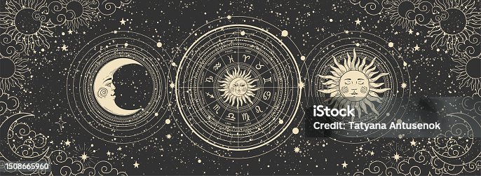 istock Modern astrological banner, tarot card, vintage horoscopic zodiac wheel with 12 signs and constellations, sun and moon with face, clouds and stars on black background. Hand drawn vector illustration. 1508665960