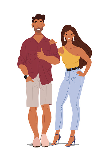 istock Modern happy couple on vacation, dating and romantic date, man shows like gesture, young modern students. Flat vector characters isolated on white background. 1508665982