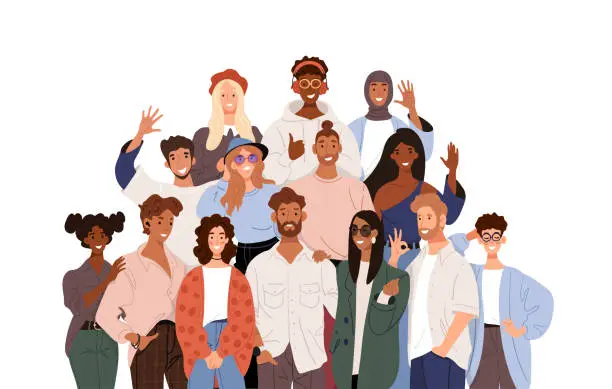 Vector illustration of Multicultural group of people, multinational society, teamwork, friendship concept, cooperation, female and male characters. Flat cartoon vector illustration isolated on white background.