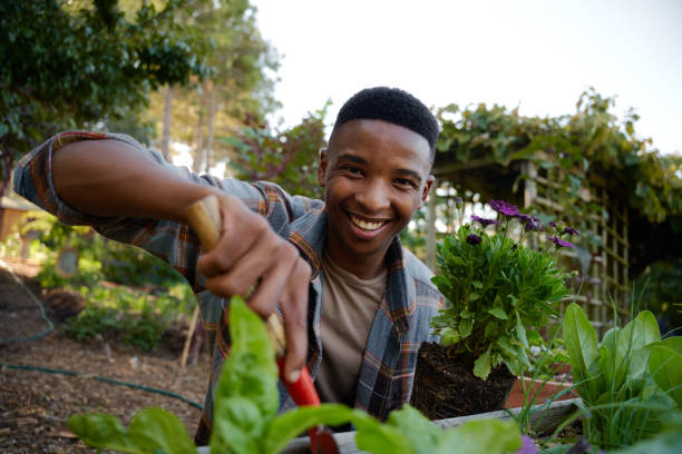 istock Young black man looking at camera and smiling while using spade in flowerbed in plant nursery 1508667543
