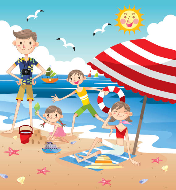 glückliche familie am strand - vector sand summer smiling stock-grafiken, -clipart, -cartoons und -symbole