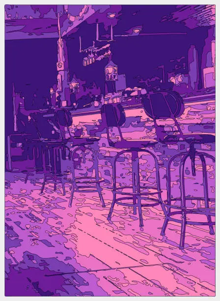 Vector illustration of line drawing neon metaverse cartoon painting scene,indoor of purple bar