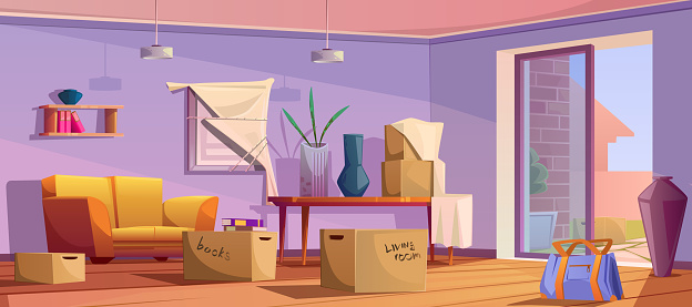 Moving to a new apartment, house. Change of residence, moving into a new home. Living room interior, unsorted cardboard boxes, furniture, household items. Interior design. Cartoon vector illustration.
