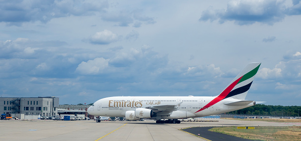 Frankfurt, Germany. Airbus A380 Emirates Airlines at the terminal of the Frankfurt International Airport