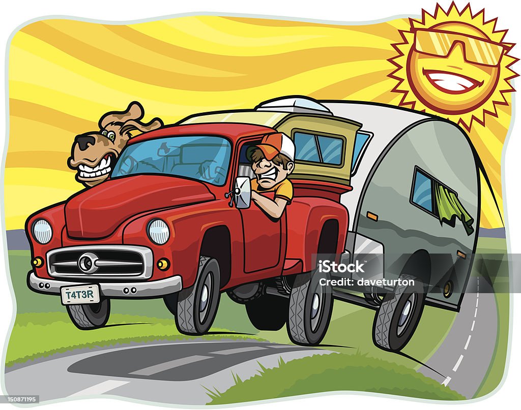 Hombre y el perro tráiler en automóvil por la carretera en día soleado - arte vectorial de Autocaravana libre de derechos