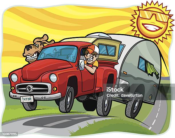 Ilustración de Hombre Y El Perro Tráiler En Automóvil Por La Carretera En Día Soleado y más Vectores Libres de Derechos de Autocaravana
