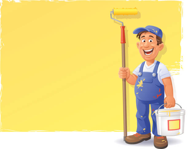 ilustrações de stock, clip art, desenhos animados e ícones de pintura de uma parede - house painter paint roller yellow painting