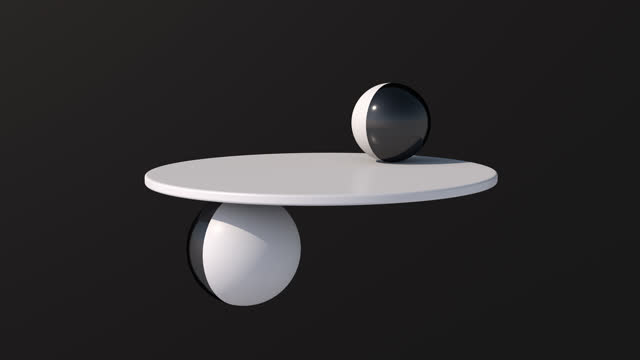 Black and white spheres and disk. Black background. Abstract animation, 3d render.