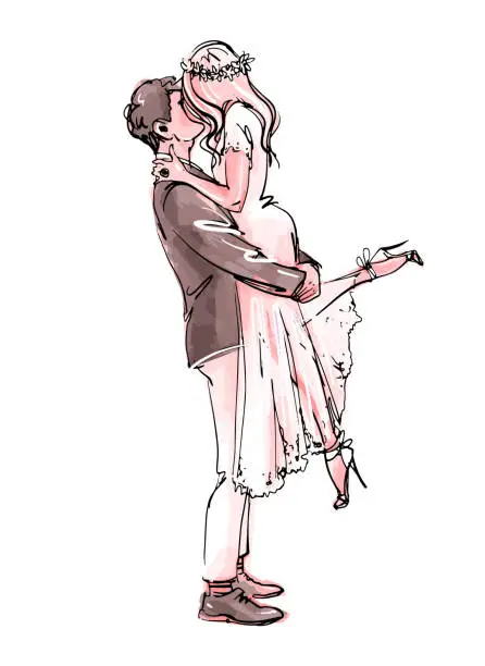 Vector illustration of Stylish groom holds on hand, kisses and hugs a beautiful young bride, wedding dance, wedding invitation, couple in love. Trendy fashion sketch illustration isolated on white background.