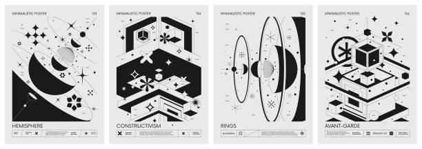 ilustrações, clipart, desenhos animados e ícones de futurista retro vetor minimalista posters com formas geométricas de várias formas, construtivismo abstrato composição de arte inspirada no brutalismo em cores monocromáticas, conjunto 34 - vanguarda