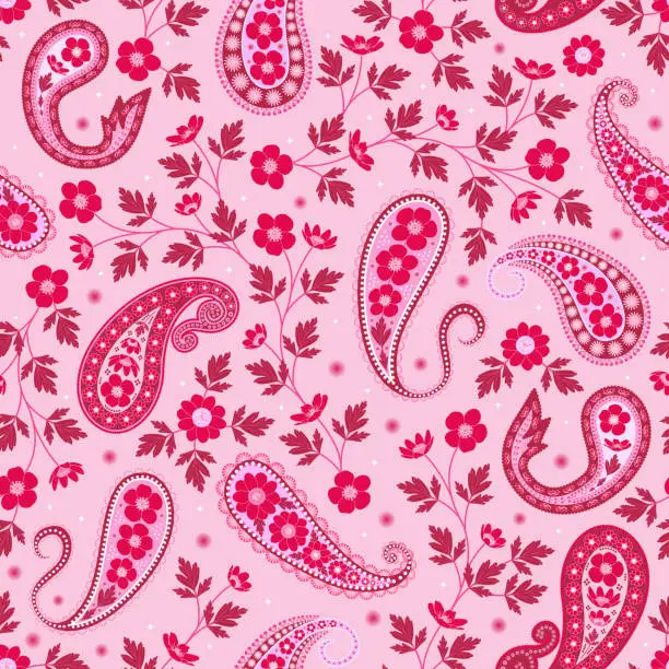Vector illustration of Paisley buttercup in viva magenta floral print. ditsy flower bohemian paisley seamless pattern. vintage style.