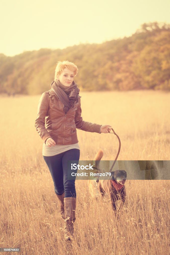 Ragazza cammina in autunno prato con il suo cane - Foto stock royalty-free di Bosco