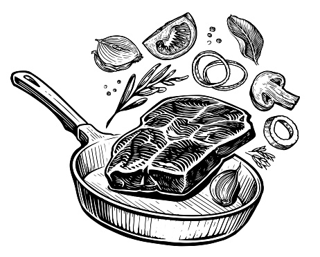 Fried steak with vegetables in a pan. Meat dish cooking. Sketch illustration engraving style