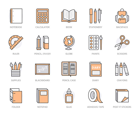 School supplies flat line icons set. Study tools - globe, calculator, book, pencil, scissors, ruler, notebook vector illustrations. Thin signs for stationery sale. Orange Color. Editable Strokes.