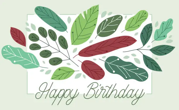 Vector illustration of Greeting card with fresh green leaves vector flat drawing, floral design composition mockup layout, invitation or anniversary theme, congratulations poster.