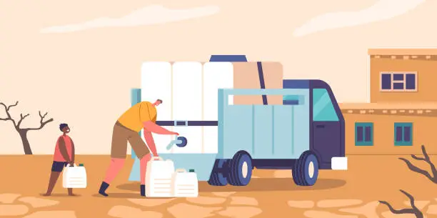 Vector illustration of People Suffer From Water Scarcity In Drylands Of Africa. Compassionate Volunteer Provide Essential Water Relief