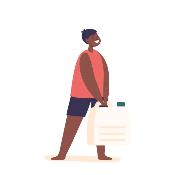 Vector illustration of Young African American Boy Holding A Small Water Canister, Representing The Importance Of Access To Clean Water