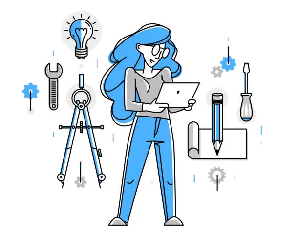 Vector illustration of Mechanic engineer working on a draft plan vector illustration, inventor or repair job, engineering machine industry, system technician.