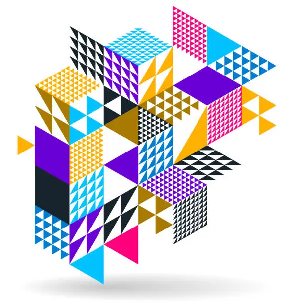 Vector illustration of Abstract vector wallpaper with 3D isometric cubes blocks, geometric construction with blocks shapes and forms, cubic polygonal low poly theme.