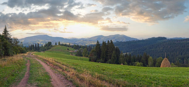 istock Summer mountain green meadow with stackes of hay (Slavske village, Carpathian Mountains, Ukraine). 1508799287