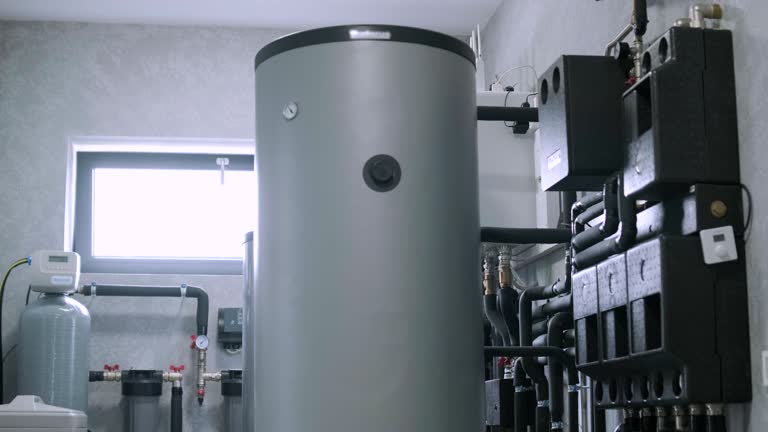 House boiler room interior with modern water heating system