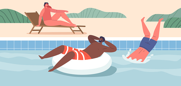 Characters Enjoy Swimming And Relaxing In Pool, Seeking Refreshment And Leisure. Cool Water Offers Soothing Escape From Heat, Creating Moments Of Fun And Relaxation. Cartoon People Vector Illustration