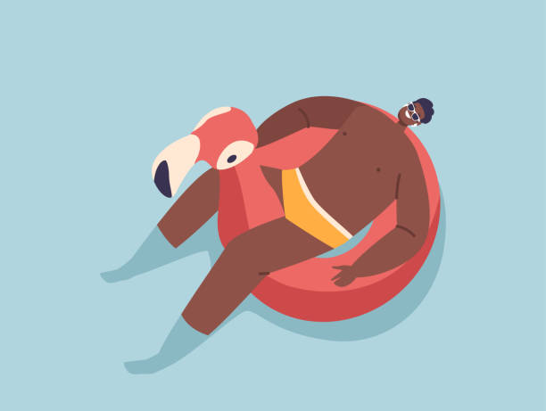 schwarzer männlicher charakter, der auf einem aufblasbaren ring in form eines flamingos schwebt und den sommerurlaub genießt. resort oder hotel - swim ring stock-grafiken, -clipart, -cartoons und -symbole