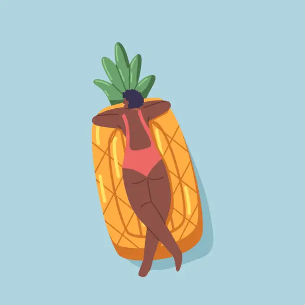 Vector illustration of Black Female Character Floating On Inflatable Mattress In Shape Of Pineapple Enjoying Summer Time Vacation