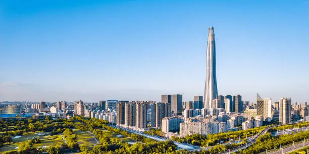 Aerial photo of the skyline of Chow Tai Fook Financial Center in Binhai, Tianjin, China