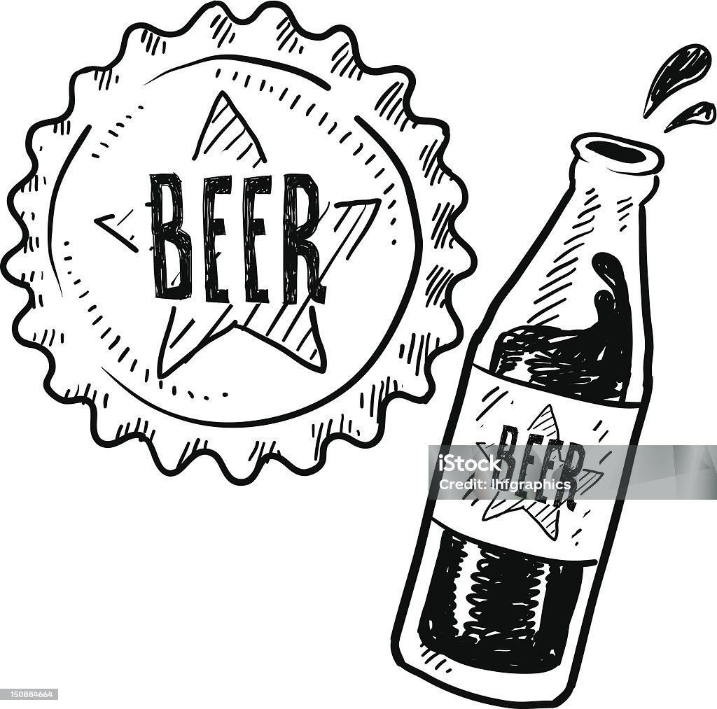 Botella de cerveza y tapa de metal de boceto - arte vectorial de Bar libre de derechos
