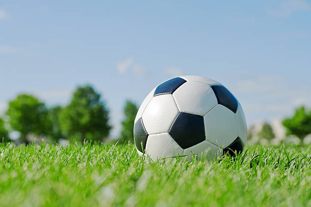 istock Soccer ball in the grass against blue sky 150884699