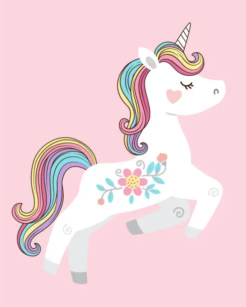 Vector illustration of Cute white unicorn with rainbow mane and tail. Vector illustration for kids book, print, greeting card, t shirt